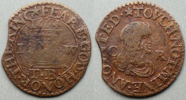I W / T B FEARE GOD HONOR THE KING 1664 farthing N----